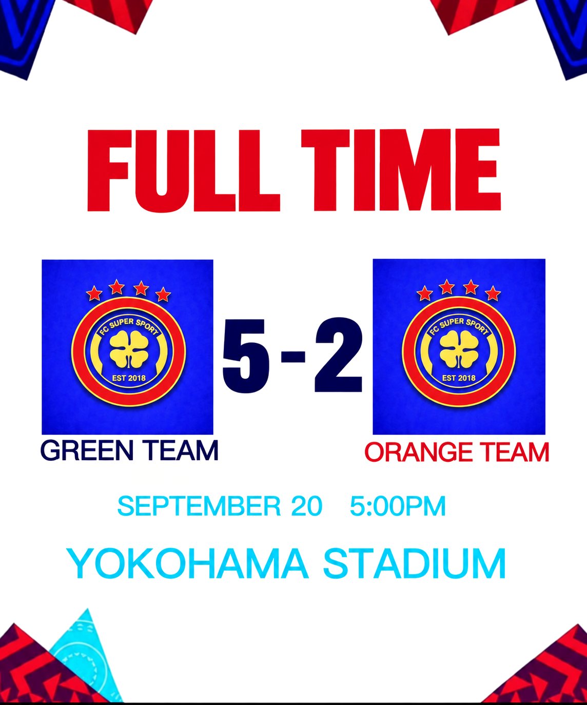 Full time result graphic: Green Team 5, Orange Team 2